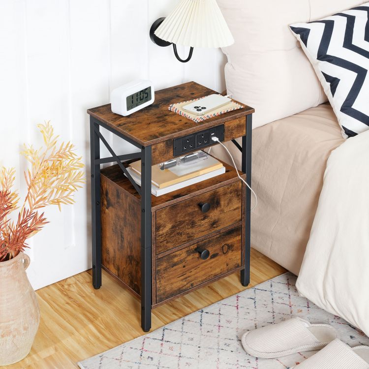 HOOBRO Wooden Bedside Table with Charging Station, X-shaped End Table with 2 Wooden Drawers, Nightstand with 2 USB Ports and 2 AC Outlets, 38 x 28 x 60 cm