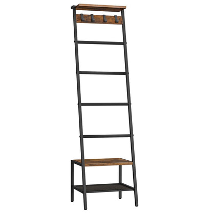 HOOBRO Blanket Ladder, Towel Rack for Living Room and Bedroom, Decorative Ladder Shelf with Hooks, Metal Frame, Giraffe Shape, Industrial Style, Rustic Brown and Black EBF13CJ01