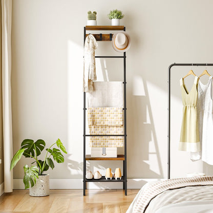 HOOBRO Blanket Ladder, Towel Rack for Living Room and Bedroom, Decorative Ladder Shelf with Hooks, Metal Frame, Giraffe Shape, Industrial Style, Rustic Brown and Black EBF13CJ01