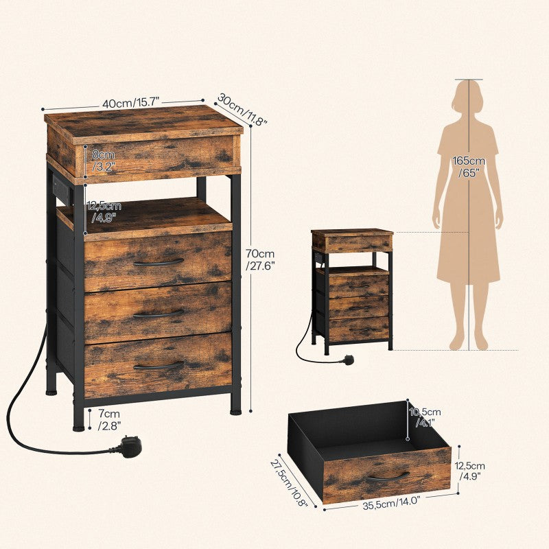 HOOBRO Bedside Table with Charging Station, Side Table with 3 Drawers, 2 AC Outlets, 1 USB-A, 1 Type-C, Nightstand for Bedroom, Living Room