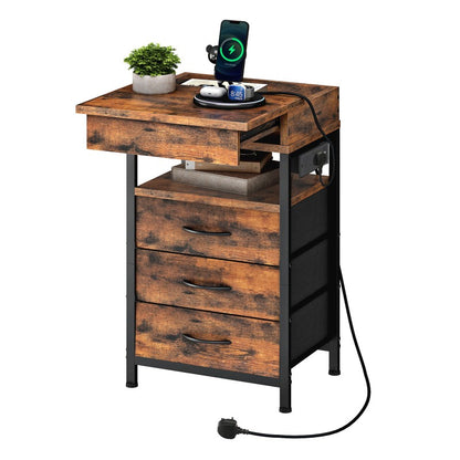 HOOBRO Bedside Table with Charging Station, Side Table with 3 Drawers, 2 AC Outlets, 1 USB-A, 1 Type-C, Nightstand for Bedroom, Living Room