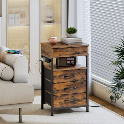 HOOBRO Bedside Table with Charging Station, Side Table with 3 Drawers, 2 AC Outlets, 1 USB-A, 1 Type-C, Nightstand for Bedroom, Living Room