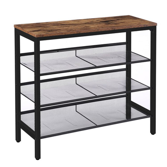 HOOBRO Industrial Shoe Rack, 4-Tier Shoe Shelf, Storage Organizer Unit with 3 Mesh Shelves, Wood Look Accent Furniture with Metal Frame, for Entryway, Living Room, Hallway