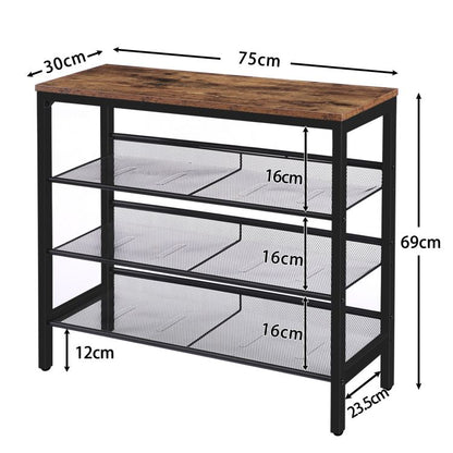 HOOBRO Industrial Shoe Rack, 4-Tier Shoe Shelf, Storage Organizer Unit with 3 Mesh Shelves, Wood Look Accent Furniture with Metal Frame, for Entryway, Living Room, Hallway