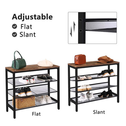 HOOBRO Industrial Shoe Rack, 4-Tier Shoe Shelf, Storage Organizer Unit with 3 Mesh Shelves, Wood Look Accent Furniture with Metal Frame, for Entryway, Living Room, Hallway