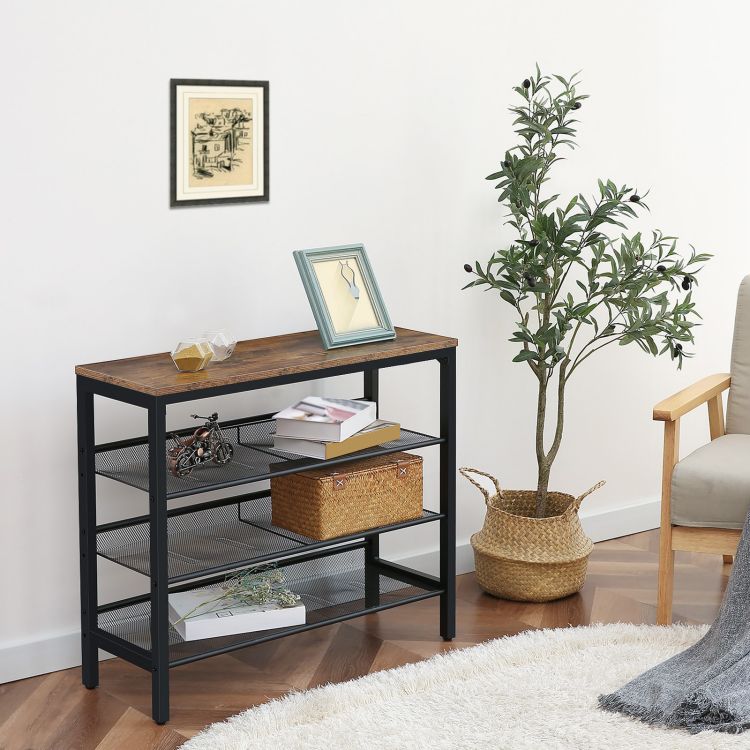HOOBRO Industrial Shoe Rack, 4-Tier Shoe Shelf, Storage Organizer Unit with 3 Mesh Shelves, Wood Look Accent Furniture with Metal Frame, for Entryway, Living Room, Hallway