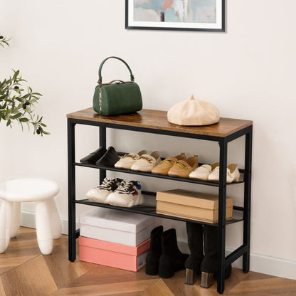 HOOBRO Industrial Shoe Rack, 4-Tier Shoe Shelf, Storage Organizer Unit with 3 Mesh Shelves, Wood Look Accent Furniture with Metal Frame, for Entryway, Living Room, Hallway