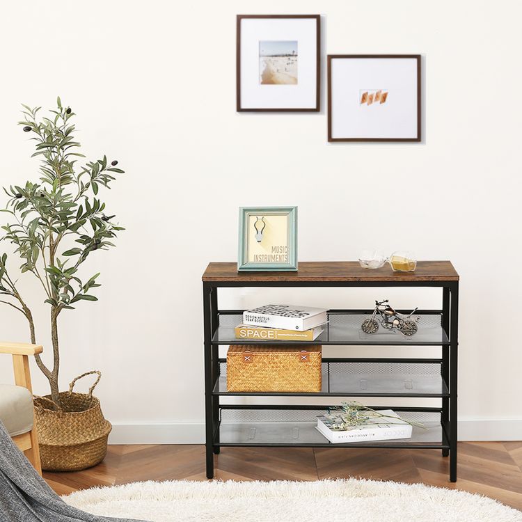 HOOBRO Industrial Shoe Rack, 4-Tier Shoe Shelf, Storage Organizer Unit with 3 Mesh Shelves, Wood Look Accent Furniture with Metal Frame, for Entryway, Living Room, Hallway
