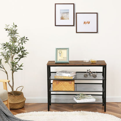 HOOBRO Industrial Shoe Rack, 4-Tier Shoe Shelf, Storage Organizer Unit with 3 Mesh Shelves, Wood Look Accent Furniture with Metal Frame, for Entryway, Living Room, Hallway