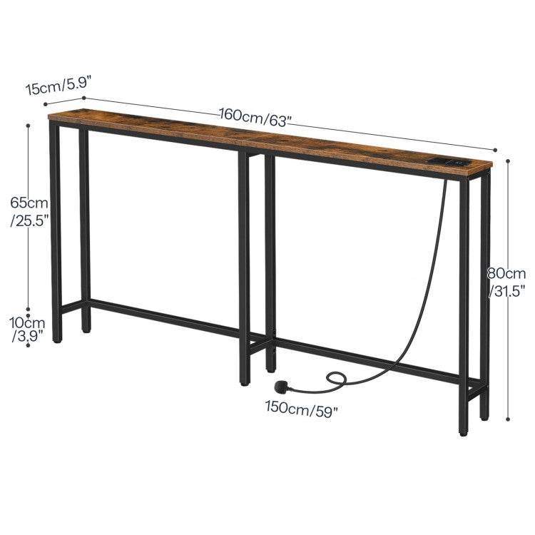 HOOBRO Slim Console Table with Charging Station, 160 cm Behind Sofa Couch Table, Long Narrow Console Table, Slim Sofa Table for Hallway, Entryway, Living Room