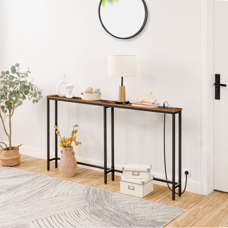 HOOBRO Slim Console Table with Charging Station, 160 cm Behind Sofa Couch Table, Long Narrow Console Table, Slim Sofa Table for Hallway, Entryway, Living Room