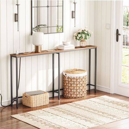 HOOBRO Slim Console Table with Charging Station, 160 cm Behind Sofa Couch Table, Long Narrow Console Table, Slim Sofa Table for Hallway, Entryway, Living Room