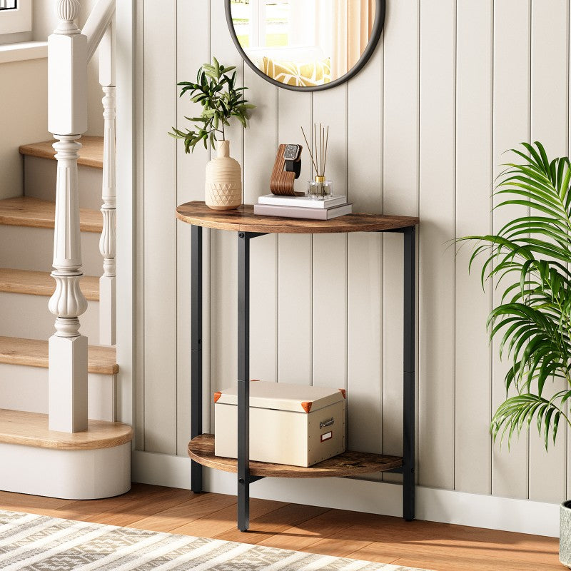 HOOBRO Round Side Table, Small Half Table, Small Corner Table with 2 Tier Storage Shelves, Slim Sofa Side Tables Bedside Tables for Living Room, Bedroom, Hallway