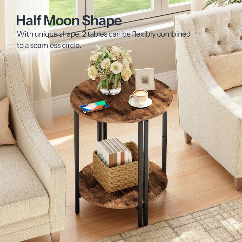HOOBRO Round Side Table, Small Half Table, Small Corner Table with 2 Tier Storage Shelves, Slim Sofa Side Tables Bedside Tables for Living Room, Bedroom, Hallway