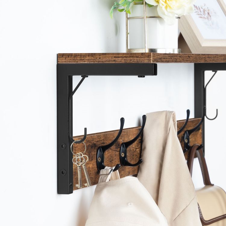 Rustic Wall-Mounted Coat Rack With Shelf - Handmade Wood, 5 Black Hooks, 70cm Wide, Medium Oak