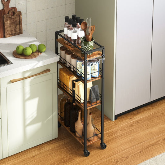 HOOBRO 4-Tier Kitchen Storage Cart, Narrow Rolling Cart, Versatile Serving Trolley, with Mesh Baskets, for Kitchen, Bathroom, Dining Room, Laundry Room