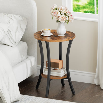 HOOBRO Round Side Table, 2 Tier Small Table, Round Sofa Table, Small Bedside Tables, Round Coffee Table with Storage Shelf, Hallway for Living Room, Sturdy