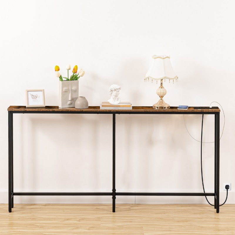 HOMCOM Console meuble étroite à 2 niveaux style industriel avec prises de courant et USB, 100 x 24 x 75 cm, marron | France HOMCOM Console meuble étroite à 2 niveaux style industriel avec prises de courant et USB, 100 x 24 x 75 cm, marron | France