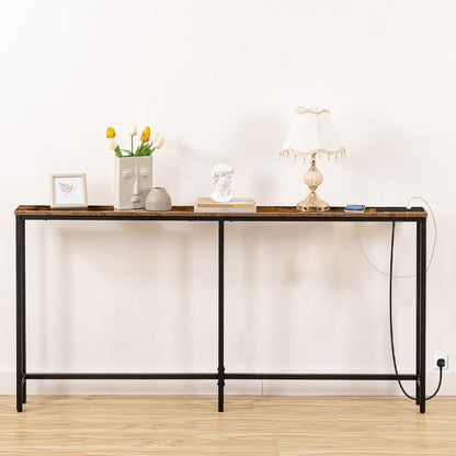 HOOBRO Slim Console Table with Charging Station, 180 cm Long Hallway Table with USB Ports, Behind Sofa Table Narrow for Hallway, Entryway, Foyer, Living Room