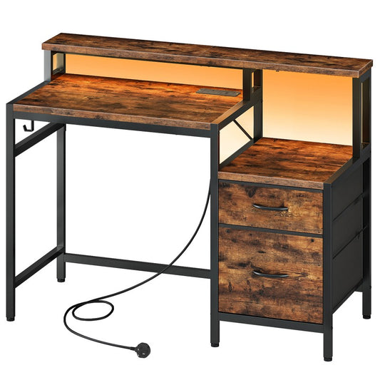 HOOBRO Computer Desk with Power Outlet, Gaming Desk with LED Lights, Monitor Stand, Office Desk with File Drawers, for Home Office, Study, Living Room