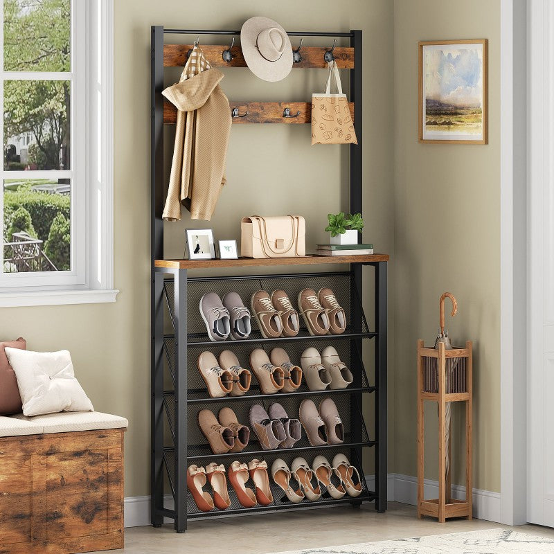 HOOBRO HOOBRO Coat Rack Shoe Storage, Narrow Shoe Rack Coat Rack 9 Hooks, 5 Tier Slanted organization for entryway - in use