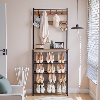 HOOBRO HOOBRO Coat Rack Shoe Storage, Narrow Shoe Rack Coat Rack 9 Hooks, 5 Tier Slanted organization for entryway - top view