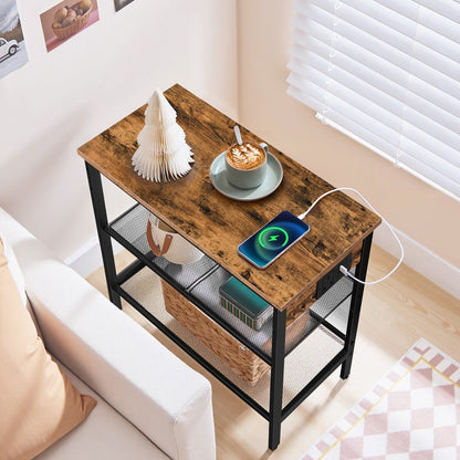 HOOBRO Narrow Bedside Table with Charging Station, 3-Tier Slim Side Table with Adjustable Shelves, Nightstand End Table with 2 Flat or Slant for Small Spaces