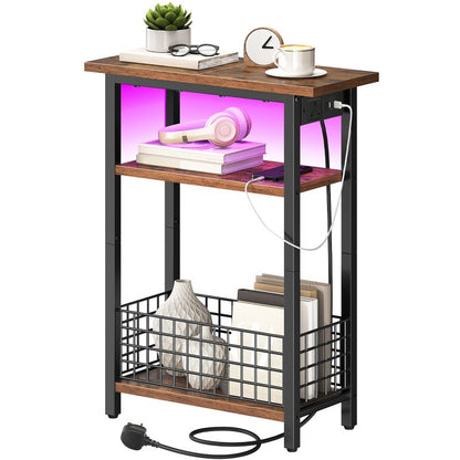 HOOBRO Slim Side Table with Charging Station and LED Light, Small Side Table with Storage, Nightstand with USB Port, Narrow Bedside Table for Small Spaces, Living Room