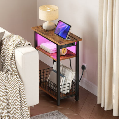 HOOBRO Slim Side Table with Charging Station and LED Light, Small Side Table with Storage, Nightstand with USB Port, Narrow Bedside Table for Small Spaces, Living Room