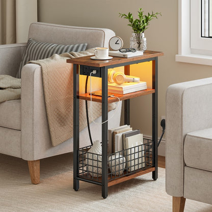 HOOBRO Slim Side Table with Charging Station and LED Light, Small Side Table with Storage, Nightstand with USB Port, Narrow Bedside Table for Small Spaces, Living Room