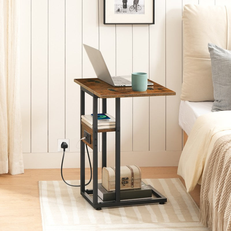 HOOBRO Foldable Side Table, Bedside Table with Charging Station, C Shaped Side Table, Slim Sofa Table Snack Tables with Storage Shelf, Small Table Laptop Table for Small Space