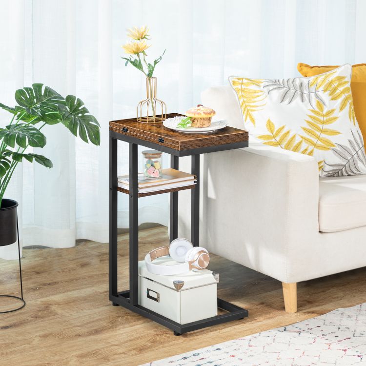 HOOBRO Foldable End Table, C Shaped Side Table with Storage Shelf, Small Snack Table Suitable for Living Room Bedroom Small Spaces, Easy Assembly