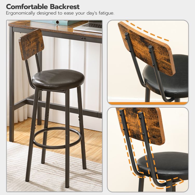 HOOBRO Bar Stools with Backrest, Set of 2 Bar Chairs, Counter Stools with PU Upholstery, Breakfast Stools with Footrest, for Kitchen, Living Room, Bar