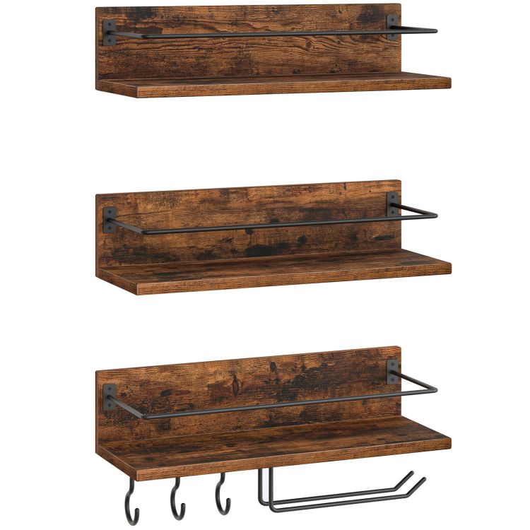 HOOBRO Wall Mounted Wine Rack, Wine Glass Rack Set of 3, Wooden Wine Shelf Hanging Floating Shelves, Wine Bottle Glass Rack Stemware Holder, for Living Room, Kitchen