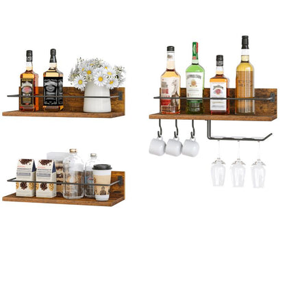 HOOBRO Wall Mounted Wine Rack, Wine Glass Rack Set of 3, Wooden Wine Shelf Hanging Floating Shelves, Wine Bottle Glass Rack Stemware Holder, for Living Room, Kitchen