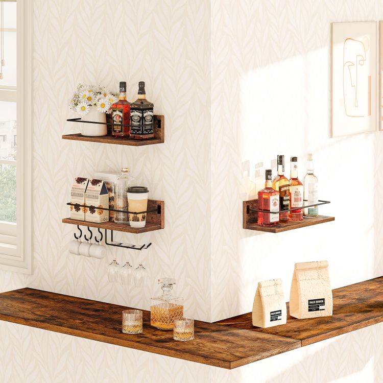 HOOBRO Wall Mounted Wine Rack, Wine Glass Rack Set of 3, Wooden Wine Shelf Hanging Floating Shelves, Wine Bottle Glass Rack Stemware Holder, for Living Room, Kitchen