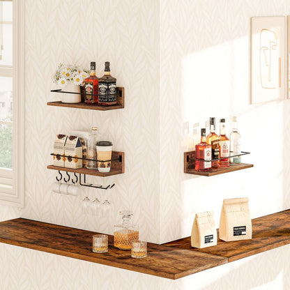 HOOBRO Wall Mounted Wine Rack, Wine Glass Rack Set of 3, Wooden Wine Shelf Hanging Floating Shelves, Wine Bottle Glass Rack Stemware Holder, for Living Room, Kitchen