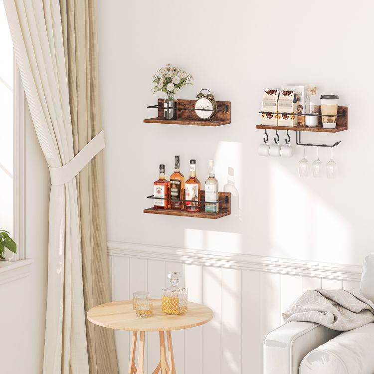 HOOBRO Wall Mounted Wine Rack, Wine Glass Rack Set of 3, Wooden Wine Shelf Hanging Floating Shelves, Wine Bottle Glass Rack Stemware Holder, for Living Room, Kitchen