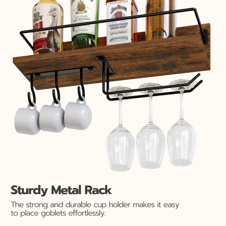 HOOBRO Wall Mounted Wine Rack, Wine Glass Rack Set of 3, Wooden Wine Shelf Hanging Floating Shelves, Wine Bottle Glass Rack Stemware Holder, for Living Room, Kitchen