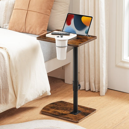 HOOBRO C Shaped Side Table, Height Adjustable Bedside Table, 360° Rotating Sofa Table Laptop Tables with Detachable Cup Holder and Tablet Slot, Slides Under Sofa