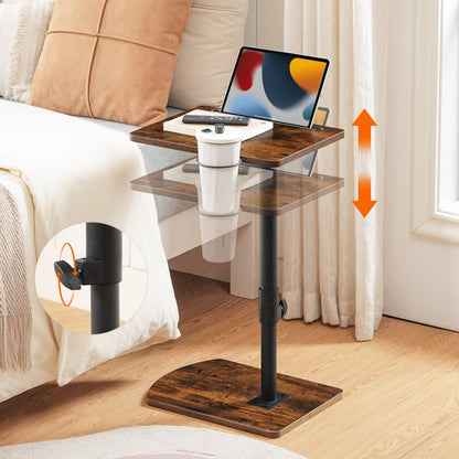 HOOBRO C Shaped Side Table, Height Adjustable Bedside Table, 360° Rotating Sofa Table Laptop Tables with Detachable Cup Holder and Tablet Slot, Slides Under Sofa