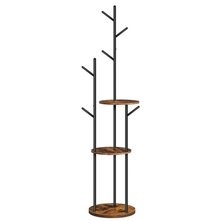 HOOBRO Coat Rack, Coat Stand for Hallway, Freestanding Coat Rack Stand with 6 Hooks and 3 Storage Shelves, Hall Tree for Bedroom, Office, Industrial