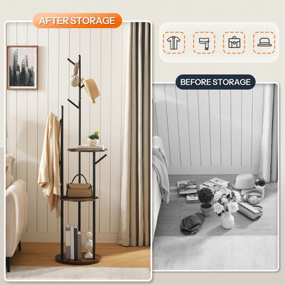 HOOBRO Coat Rack, Coat Stand for Hallway, Freestanding Coat Rack Stand with 6 Hooks and 3 Storage Shelves, Hall Tree for Bedroom, Office, Industrial