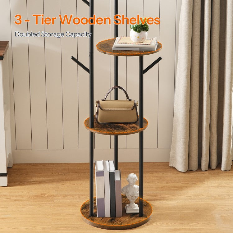 HOOBRO Coat Rack, Coat Stand for Hallway, Freestanding Coat Rack Stand with 6 Hooks and 3 Storage Shelves, Hall Tree for Bedroom, Office, Industrial