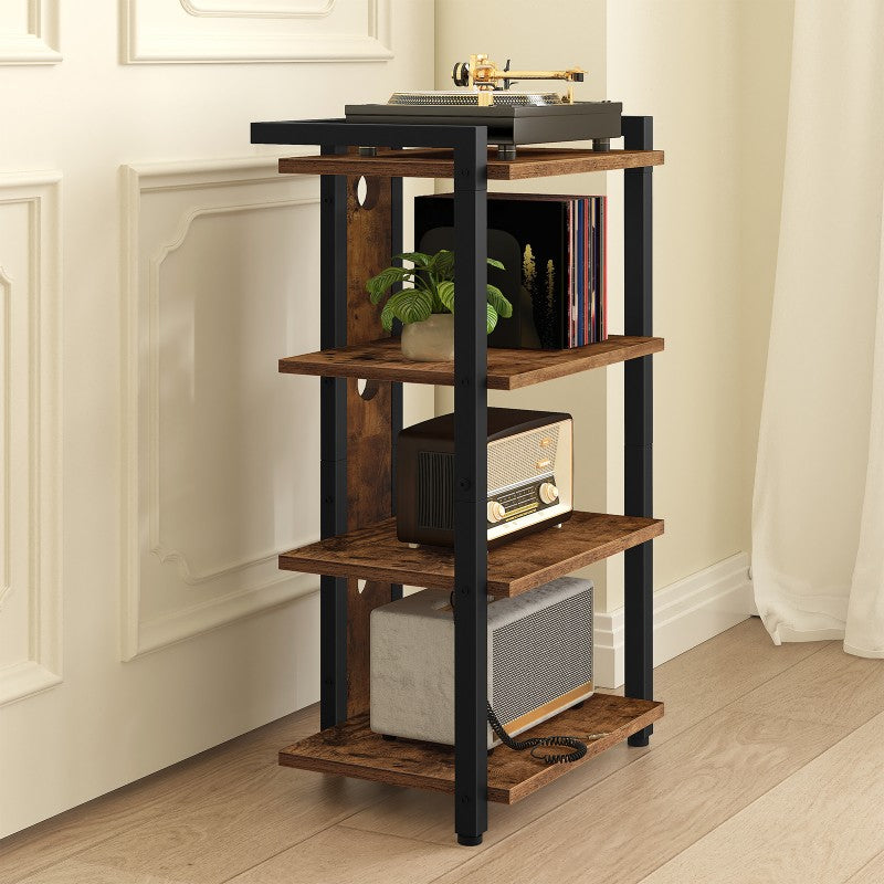HOOBRO 4-Tier Vinyl Record Player Stand, AV Media Stand with Cable Management Holes for Turntables, Wooden Turntable Table, for Game Consoles, Projectors