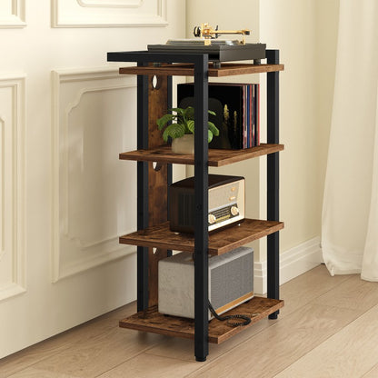 HOOBRO 4-Tier Vinyl Record Player Stand, AV Media Stand with Cable Management Holes for Turntables, Wooden Turntable Table, for Game Consoles, Projectors