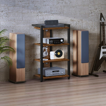 HOOBRO 4-Tier Vinyl Record Player Stand, AV Media Stand with Cable Management Holes for Turntables, Wooden Turntable Table, for Game Consoles, Projectors