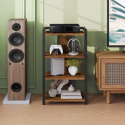 HOOBRO 4-Tier Vinyl Record Player Stand, AV Media Stand with Cable Management Holes for Turntables, Wooden Turntable Table, for Game Consoles, Projectors