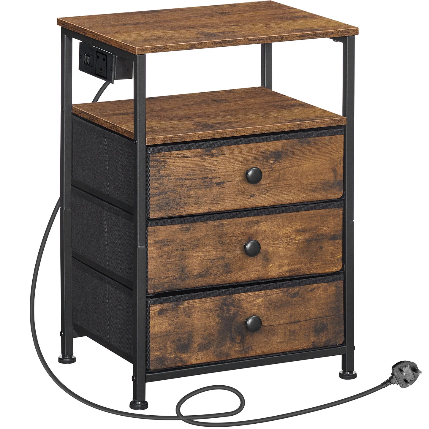 HOOBRO Bedside Table with Charging Station, Sofa Side Table with USB Ports and Socket, End Table with 3 Fabric Drawers, Nightstand for Bedroom, Living Room