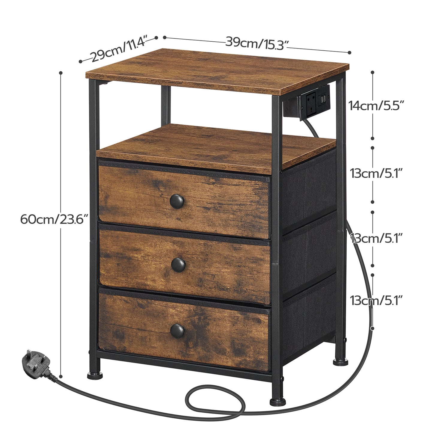 HOOBRO Bedside Table with Charging Station, Sofa Side Table with USB Ports and Socket, End Table with 3 Fabric Drawers, Nightstand for Bedroom, Living Room